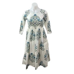 Hassans Floral 3/4 Sleeve Traditonal Anarkali Kurta Tunic Midi A-Line Dress M